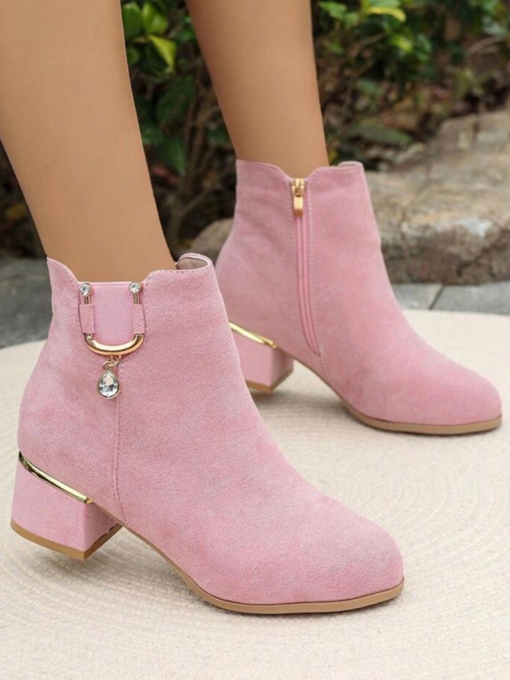 Pink Suede Boots crystal gold rhinestones ankle 7 7.5 8 shoe diamond embellished